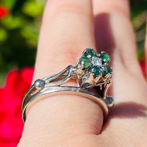 Vintage/Antique High Prong Diamond and Green Flower Solid 10k White Gold Ring - Picture 1 of 16